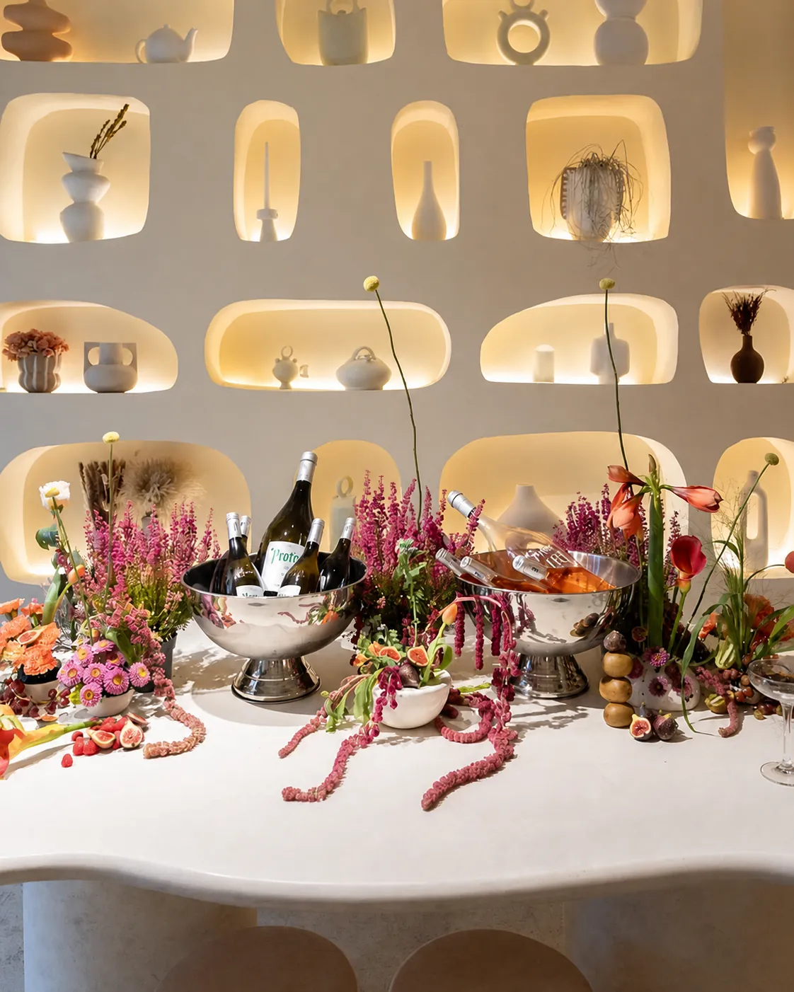 A private celebration arranged with flowers and champagne